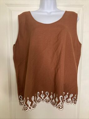 Bob Mackie Wearable Art Brown Linen Blend Embroidered Tank Top Size 1X
